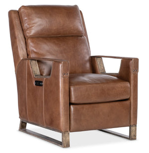 Hooker Furniture Relic Taupe Semi-Aniline Leather Power Recliner With Usb, Adjustable Headrest, Bustle Back & Wood Base Brown RC810-PH-082