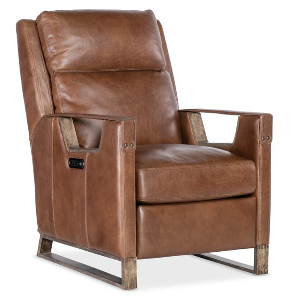 Hooker Furniture Relic Taupe Semi-Aniline Leather Power Recliner With Usb, Adjustable Headrest, Bustle Back & Wood Base Brown RC810-PH-082