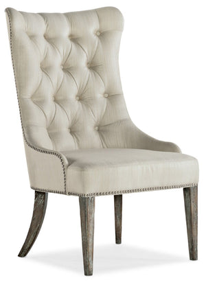 Hooker Furniture Sanctuary Hostesse Upholstered Chair — Wingback Tufted Dining Accent With Metal Diamond Fabric, Nailhead Trim, Le Sable Finish (45"H) 5865-75415-80