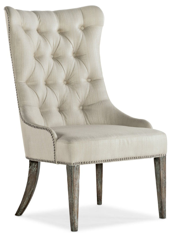 Hooker Furniture Sanctuary Hostesse Upholstered Chair — Wingback Tufted Dining Accent With Metal Diamond Fabric, Nailhead Trim, Le Sable Finish (45"H) 5865-75415-80