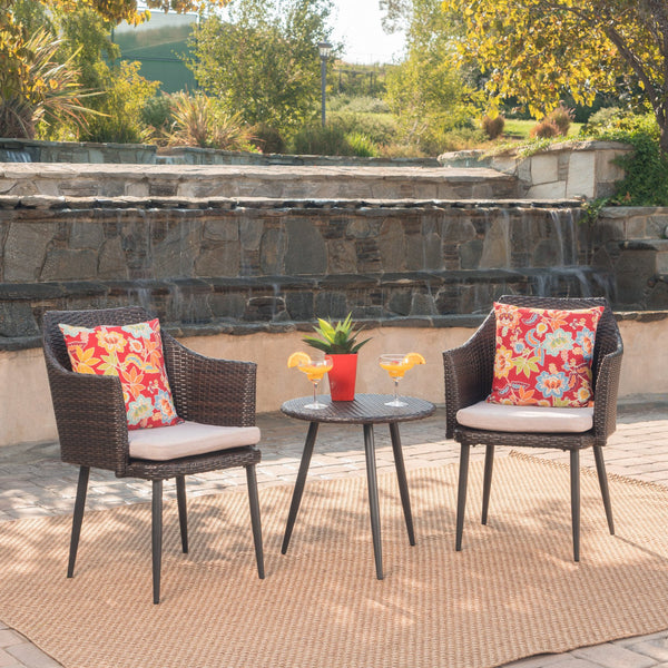 English Elm Christopher Knight Home® - KENNETH Brown Multi 3-Pc Chat Set – PE Rattan Bistro Outdoor Patio Seating with Waterproof Cushions and Iron Frame (Compact) 61209.00MBN