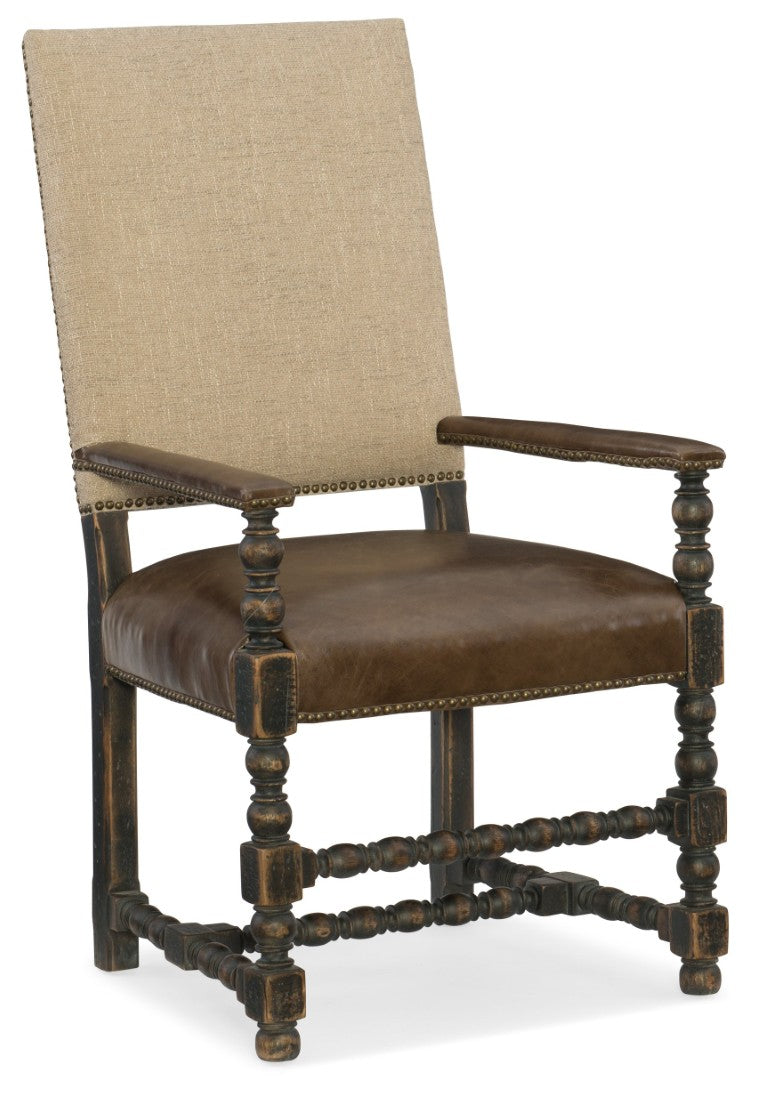 Hooker Furniture Hill Country Comfort Upholstered Arm Chair With Leather Seat, Woven Back, Distressed Anthracite Finish, Nailhead Trim 5960-75400-BLK
