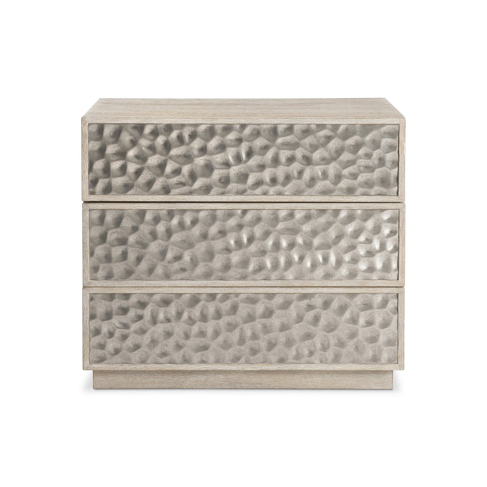 Bernhardt Bernhardt Hansby Nightstand With Hammered Aluminum Fronts, Trevin White Oak, 3 Drawers & Usb Charging 338232