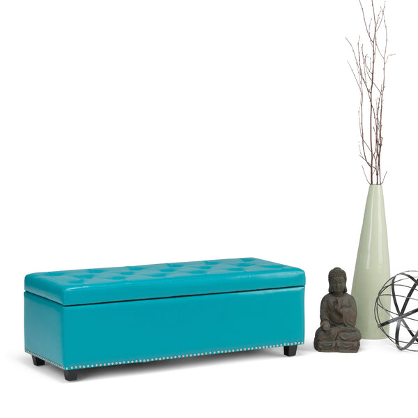 English Elm Hamilton Storage Ottoman - Mediterranean Blue Vegan Leather, Tufted Design, Versatile & Stylish Seating B136P158175