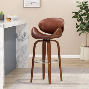 English Elm Christopher Knight Home® - 30" Mid-Century Modern Upholstered Swivel Barstool with Beech Frame, Concave Seat, Easy-Clean Leather Finish Brown 67493.00PUCOGN