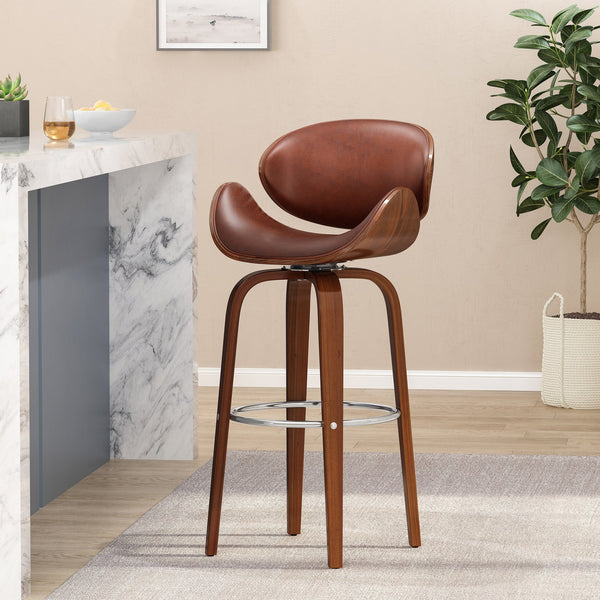 English Elm Christopher Knight Home® - 30" Mid-Century Modern Upholstered Swivel Barstool with Beech Frame, Concave Seat, Easy-Clean Leather Finish Brown 67493.00PUCOGN
