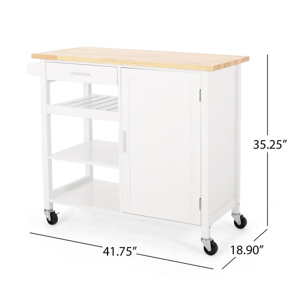 English Elm Christopher Knight Home® - Kitchen Island Cart with Solid Rubberwood Top, 41.75" Mobile Island with Drawer, Cabinet, Shelves & Wheels White 67756.00NATWHT