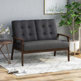 Christopher Knight Home® - Noble House - Duluth Mid Century Waffle Stitch Tufted Accent Loveseat with Rubberwood Legs - Black and Walnut Finish