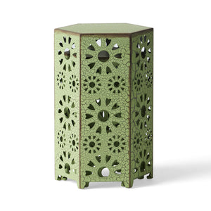 English Elm Eliana Outdoor Iron Nesting Side Tables with Sunburst Cutout and Crackle Finish Patio Accent Set Green 69740.00CGRN