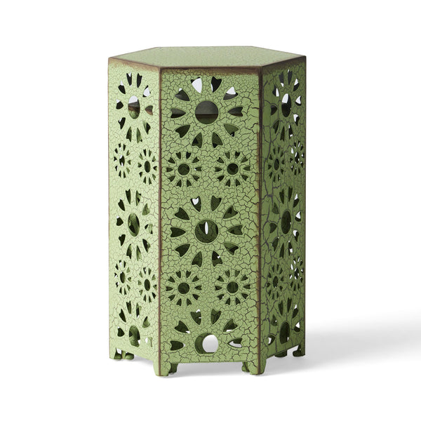 English Elm Eliana Outdoor Iron Nesting Side Tables with Sunburst Cutout and Crackle Finish Patio Accent Set Green 69740.00CGRN