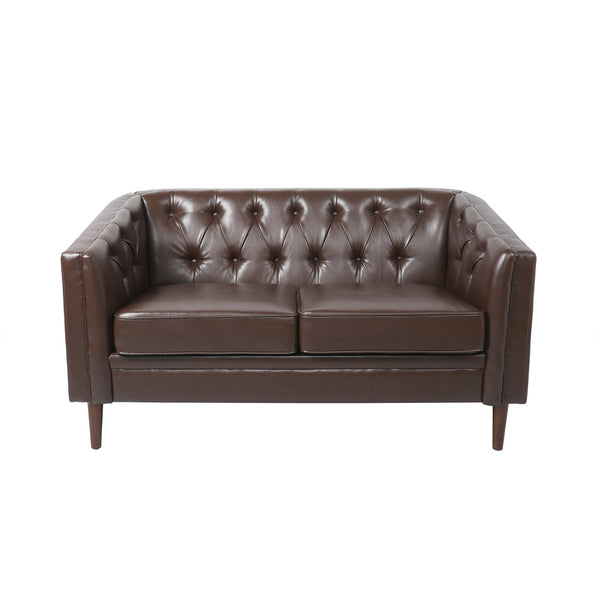 English Elm Christopher Knight Home® - LOVESEAT Diamond-Tufted PU Upholstery with Button Stitching, Tapered Birch Legs, Contemporary Chic Dark Brown 72248.00DBRN