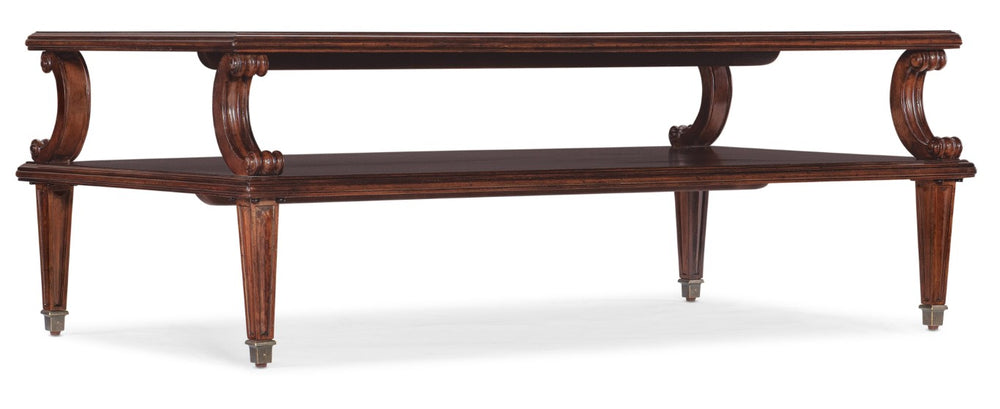 Hooker Furniture Charleston Two-Tier Rectangle Cocktail Table In Maraschino Cherry With Carved Scrolls & Walnut Inlay 6750-80110-85