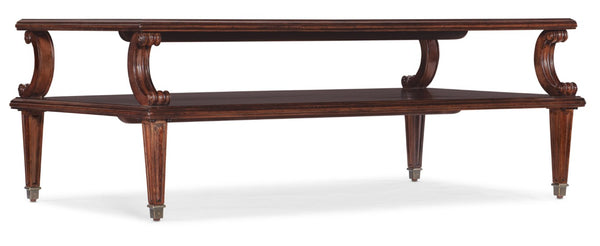 Hooker Furniture Charleston Two-Tier Rectangle Cocktail Table In Maraschino Cherry With Carved Scrolls & Walnut Inlay 6750-80110-85