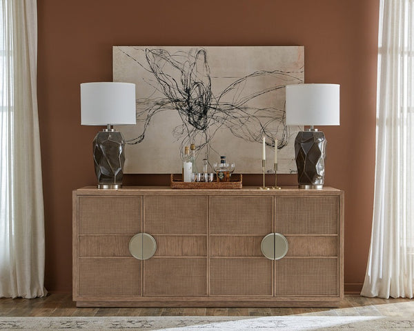 Hooker Furniture Sonnet Marble-Inset Dining Credenza With Woven Cane Doors, White Oak Veneer, Soft-Close Storage Elegance 6072-75900-85