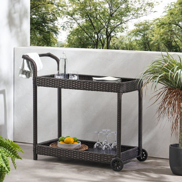 English Elm Savona Woven Resin Wicker Bar Cart with Rolling Casters for Patio or Living Room 56215.00MBRN