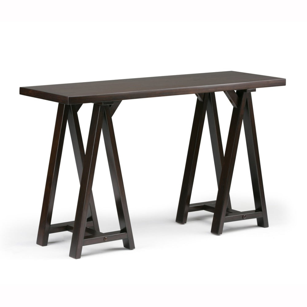 English Elm Sawhorse Console Table - Rustic Dark Chestnut Brown Solid Wood For Entryway & Living Room Decor B136P158218-GIGA