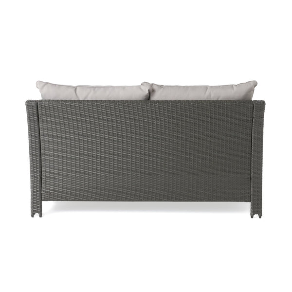 English Elm Christopher Knight Home® - ANTIBES RATTAN LOVESEAT SET WITH SIDE TABLE – Weatherproof PE Wicker, Iron Frame, Compact Patio Seating Grey 57088.00SETGRY