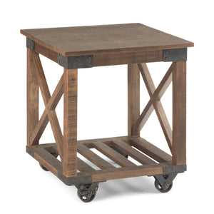 English Elm Harding End Table - Rustic Industrial Charm In Distressed Dark Brown With Caster Wheels & Storage B136P158678