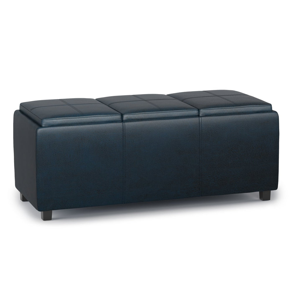 English Elm Avalon Storage Ottoman - Distressed Dark Blue Faux Leather With Hidden Storage & Serving Trays B136P158255