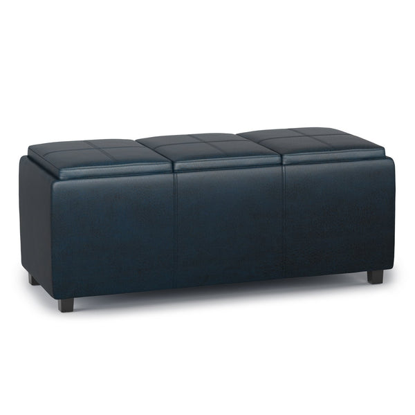 English Elm Avalon Storage Ottoman - Distressed Dark Blue Faux Leather With Hidden Storage & Serving Trays B136P158255