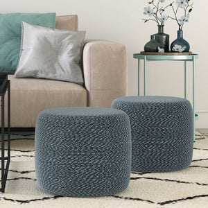 English Elm Bayley Handcrafted Round Braided Pouf Ottoman in Natural Cotton with Supportive Polystyrene Fill, 20" Blue B136P159300