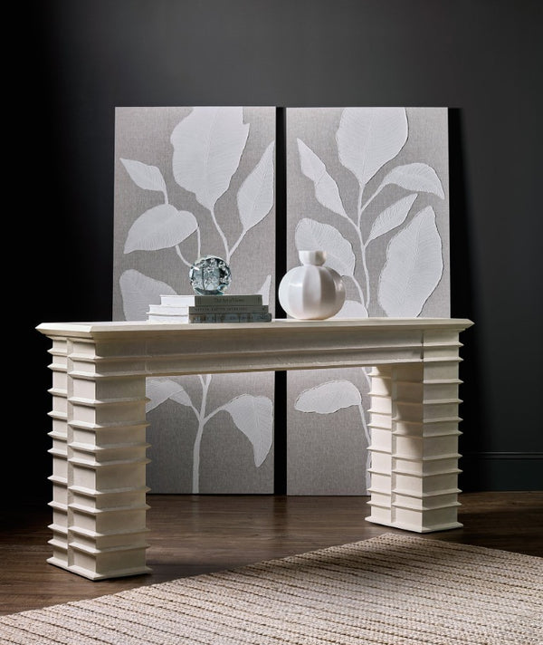 Hooker Furniture Commerce Melrose Console Table — Alabaster Textured Plaster Finish, Tiered Ridge Silhouette, Slim 68" Modern Entryway Centerpiece 7228-85134-02