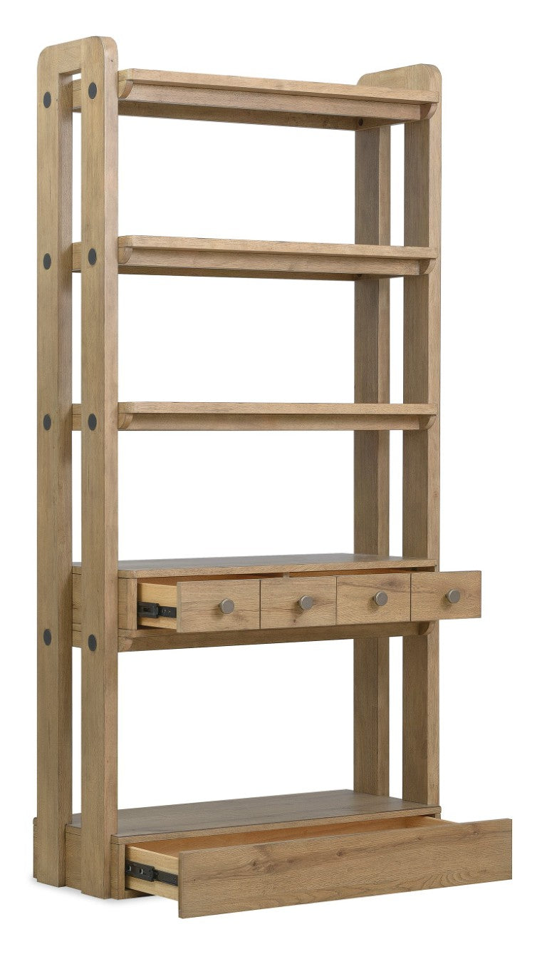 Hooker Furniture Kalamazoo Aged Oak Bookcase With Industrial Connectors, Open Shelves, Drawers & Hidden Storage 6062-10446-80