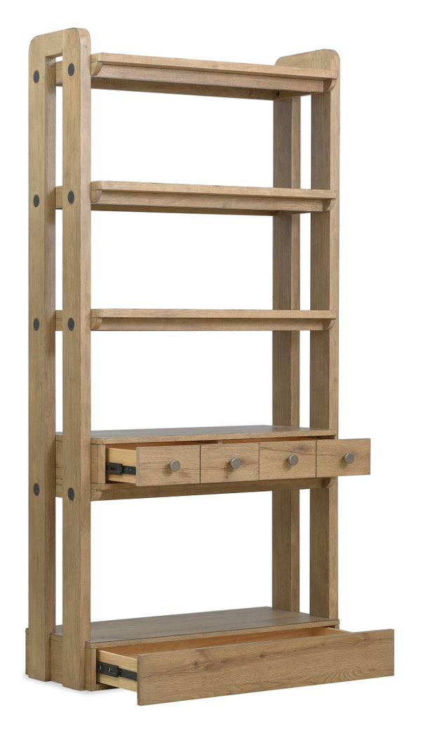 Hooker Furniture Kalamazoo Aged Oak Bookcase With Industrial Connectors, Open Shelves, Drawers & Hidden Storage 6062-10446-80