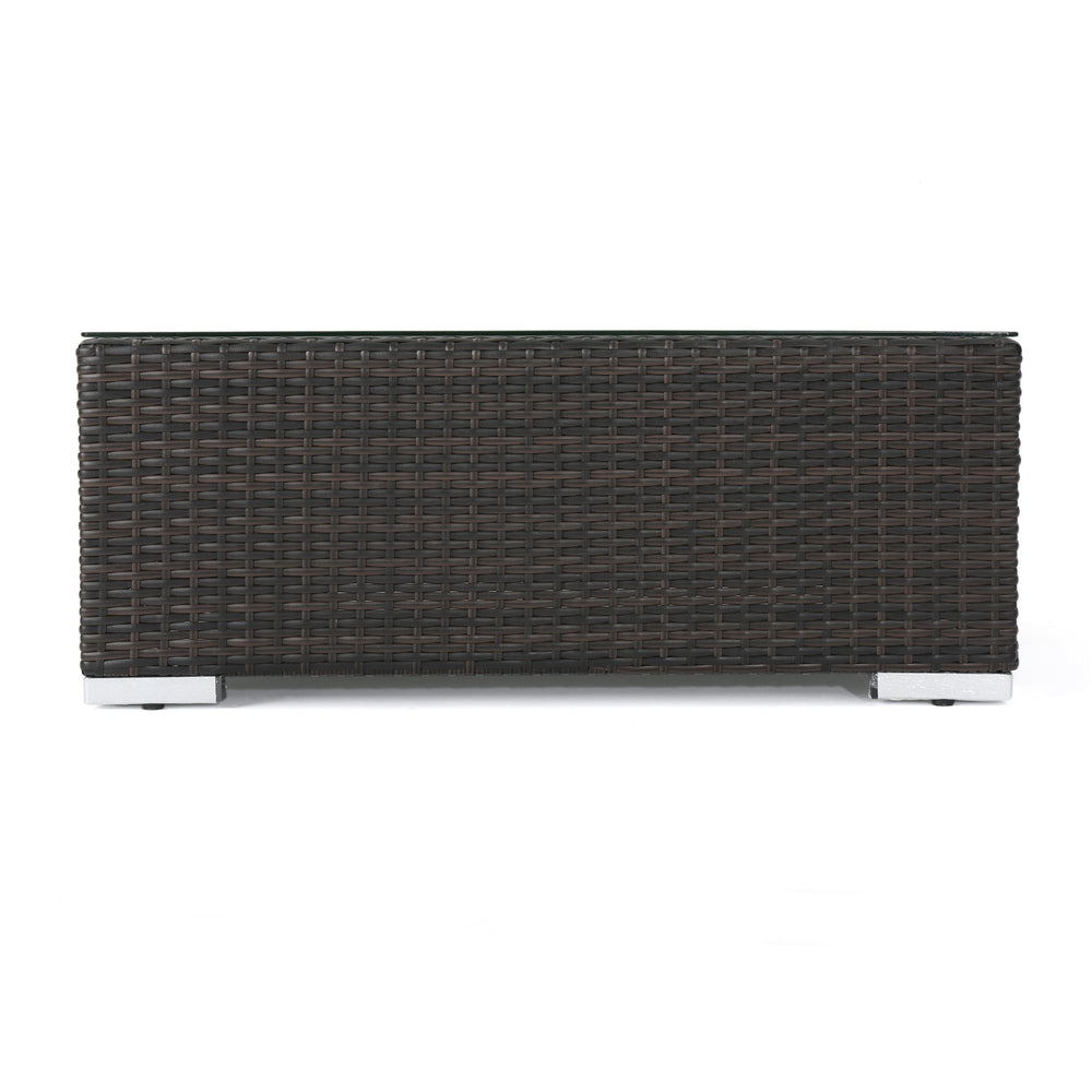 English Elm Christopher Knight Home® - SANTA Outdoor Rattan Dining Table with Tempered Glass Top — Sleek Aluminum Frame, Weather-Resistant Modern Design Brown Multi 64843.00ALUMBRN