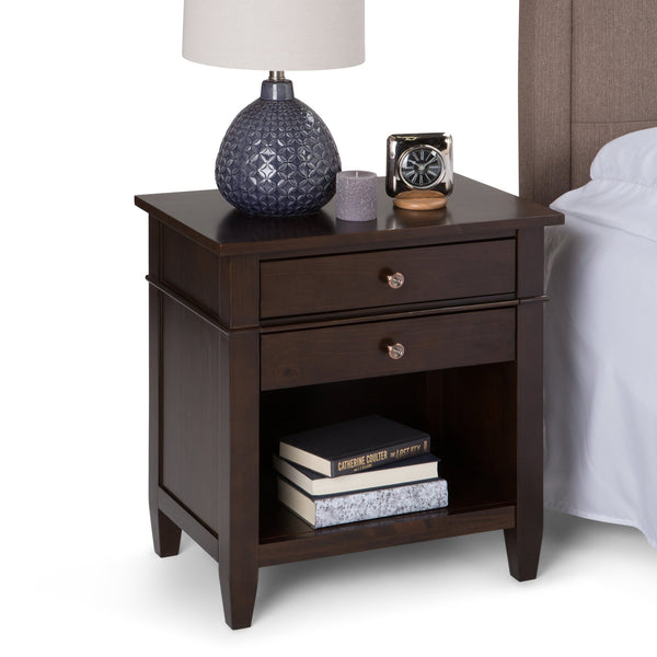English Elm Carlton Handcrafted Dark Tobacco Brown Bedside Table With Spacious Drawers & Open Shelf Storage B136P158139