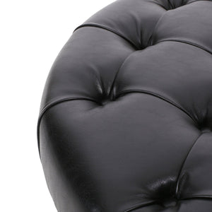 English Elm Round Tufted Pu Leather Ottoman with Open Shelf Storage for Living Room Black 71589.00