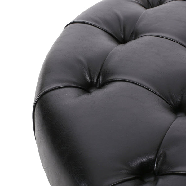 English Elm Round Tufted Pu Leather Ottoman with Open Shelf Storage for Living Room Black 71589.00