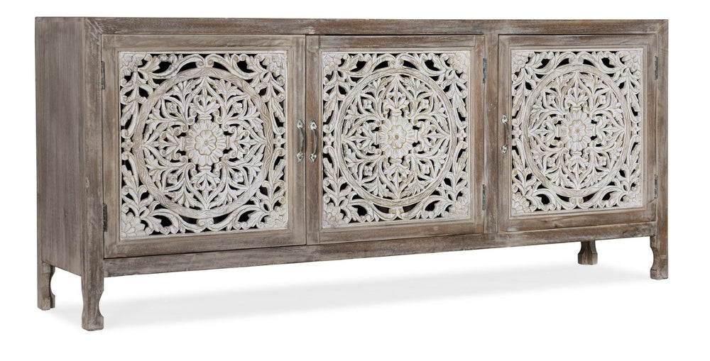 Hooker Furniture Entertainment Hand-Carved Mango Wood Console With Cream Glaze, Distressed Finish & Bronze Pulls (95) 5726-55480-95
