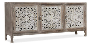 Hooker Furniture Entertainment Hand-Carved Mango Wood Console With Cream Glaze, Distressed Finish & Bronze Pulls (95) 5726-55480-95