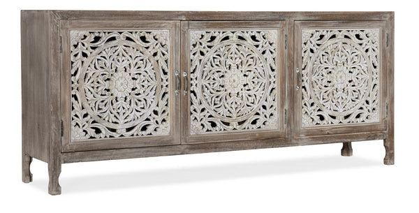 Hooker Furniture Entertainment Hand-Carved Mango Wood Console With Cream Glaze, Distressed Finish & Bronze Pulls (95) 5726-55480-95