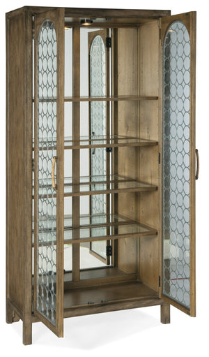 Hooker Furniture Sundance Pecan Display Cabinet With Antique Mirror Back, Metal Fretwork, Adjustable Glass Shelves & Lighting 6015-75906-89