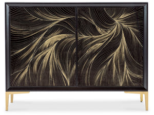 Hooker Furniture Melange Black Willow Hall Chest With Gold Motif On Glass, Maple Veneer, Soft-Close Doors, Slim Legs 628-50206-99