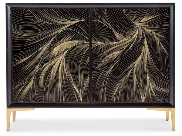 Hooker Furniture Melange Black Willow Hall Chest With Gold Motif On Glass, Maple Veneer, Soft-Close Doors, Slim Legs 628-50206-99