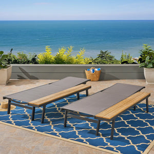 English Elm Christopher Knight Home® - Waterloo Outdoor Chaise Lounge Set Of 2 With Adjustable Recline & Attached Wood Side Table 62756.00BLKMP2