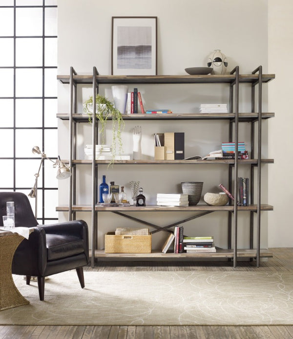 Hooker Furniture Studio 7H Scandinavian-Industrial Scaffold Console With Wire-Brushed Shelves, Antique Brass Trim, Multi-Use Storage 5382-55494