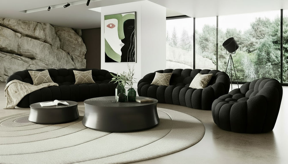 VIG Furniture Yolonda Curved Black Teddy Loveseat With Hexagonal Tufting, Solid Wood Frame, Plush Modern Comfort VGEV-2126C-LOV-BLK