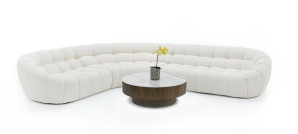 VIG Furniture Yolonda Curved Teddy Fabric Sofa With Hexagonal Tufting, Solid Wood Frame, Seats Up To Eight Off-White Sectional Sofa VGEV-2126B-WHT-SECT