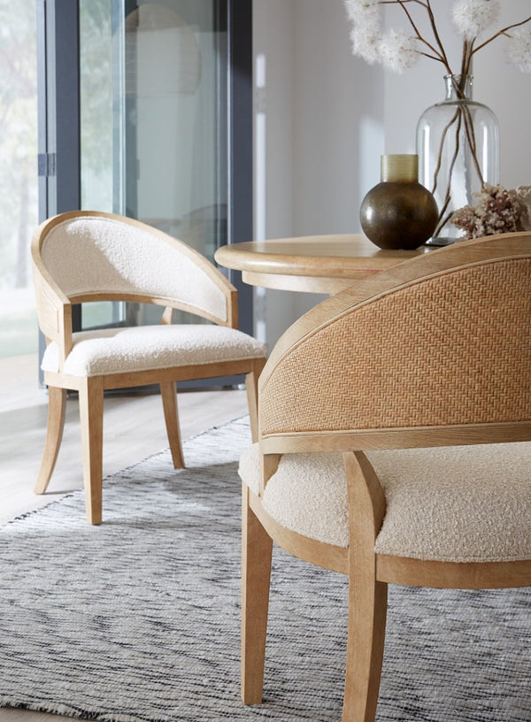 Hooker Furniture Retreat Cane Barrel Back Chair With Raffia Cane Detail, Dune Wood Frame & Neo Cream Performance Upholstery 25.75 L x 24.00W x 33.50H 6950-75400-80