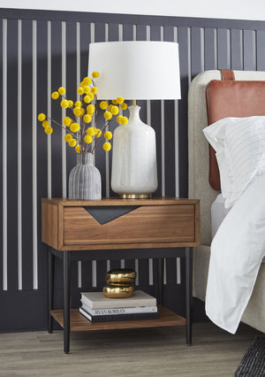 A.R.T. Furniture Bobby Berk Wenck Nightstand - Contemporary Walnut Finish With Unique V-cut Drawer & Open Shelf Design Brown, Black Material, Parawood Solids & Oak Veneer & Metal Plate 239143-1803
