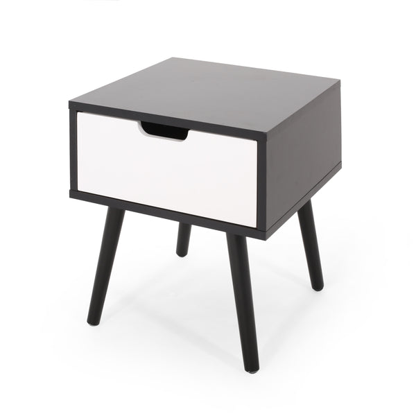 English Elm Christopher Knight Home® - END TABLE Mid-Century Modern Two-Toned End Table with Drawer, Faux Wood Top & Splayed Legs for Living Room Black White 66761.00BLKWHT