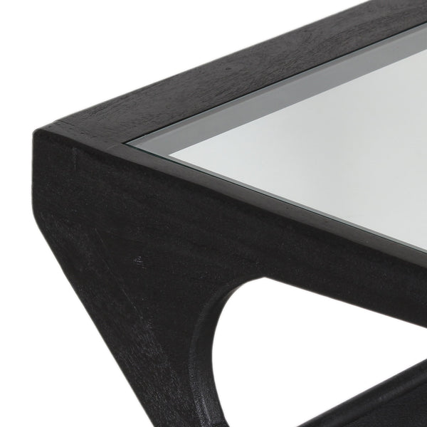 Porter Designs Porter Canberra End Table - Contemporary Black Sandblasted Mango Wood With Elegant Glass Top Display Black Wood 05-108-07-9487