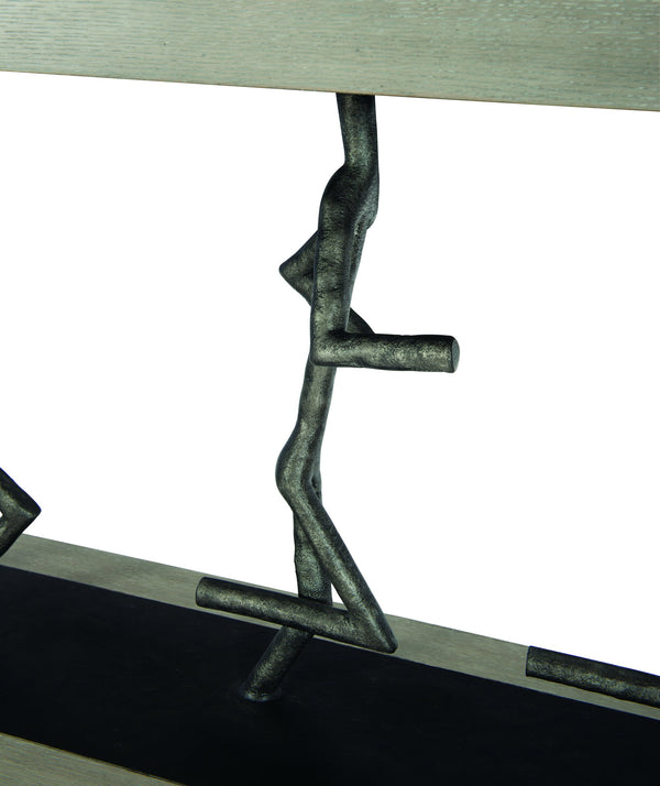 Bernhardt Bernhardt Theo Console Table With Wire‑Brushed Oak Top, Sculptural Cast Iron Figures, Cerused Greige Finish (64") 379910