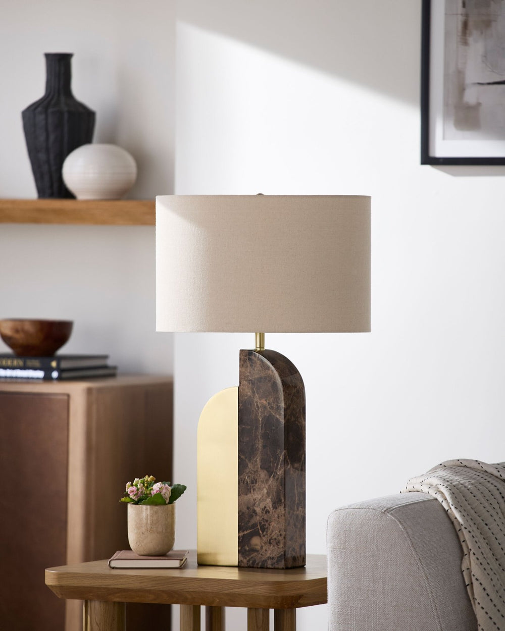 Surya Yuruga Arts and Crafts Marble Iron Base Table Lamp with Warm Linen Shade YRG-002