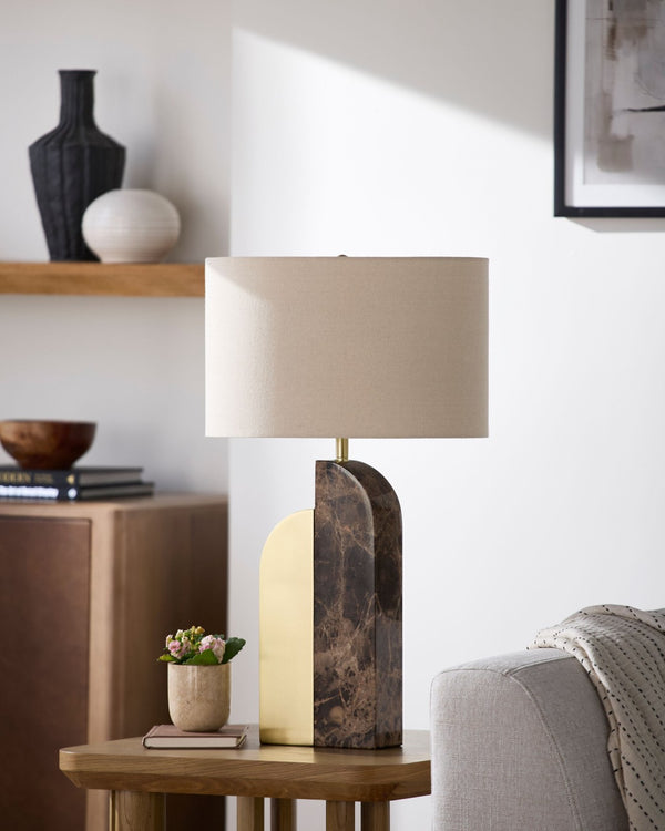 Surya Yuruga Arts and Crafts Marble Iron Base Table Lamp with Warm Linen Shade YRG-002