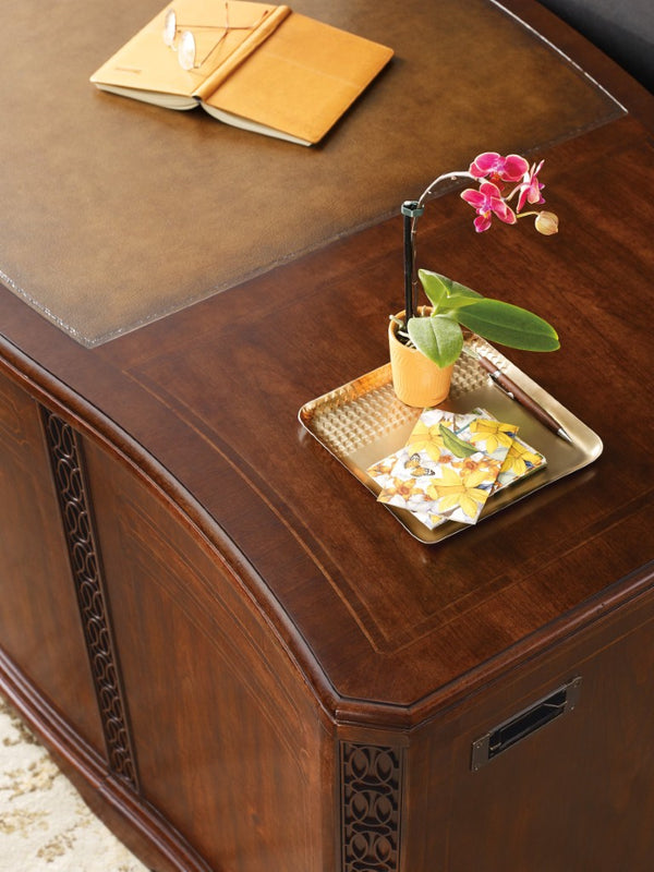 Hooker Furniture Charleston Executive Desk With Leather Writing Surface, Cherry Veneers, Walnut/Maple Inlay, 7-Drawer Storage 6750-10563-85